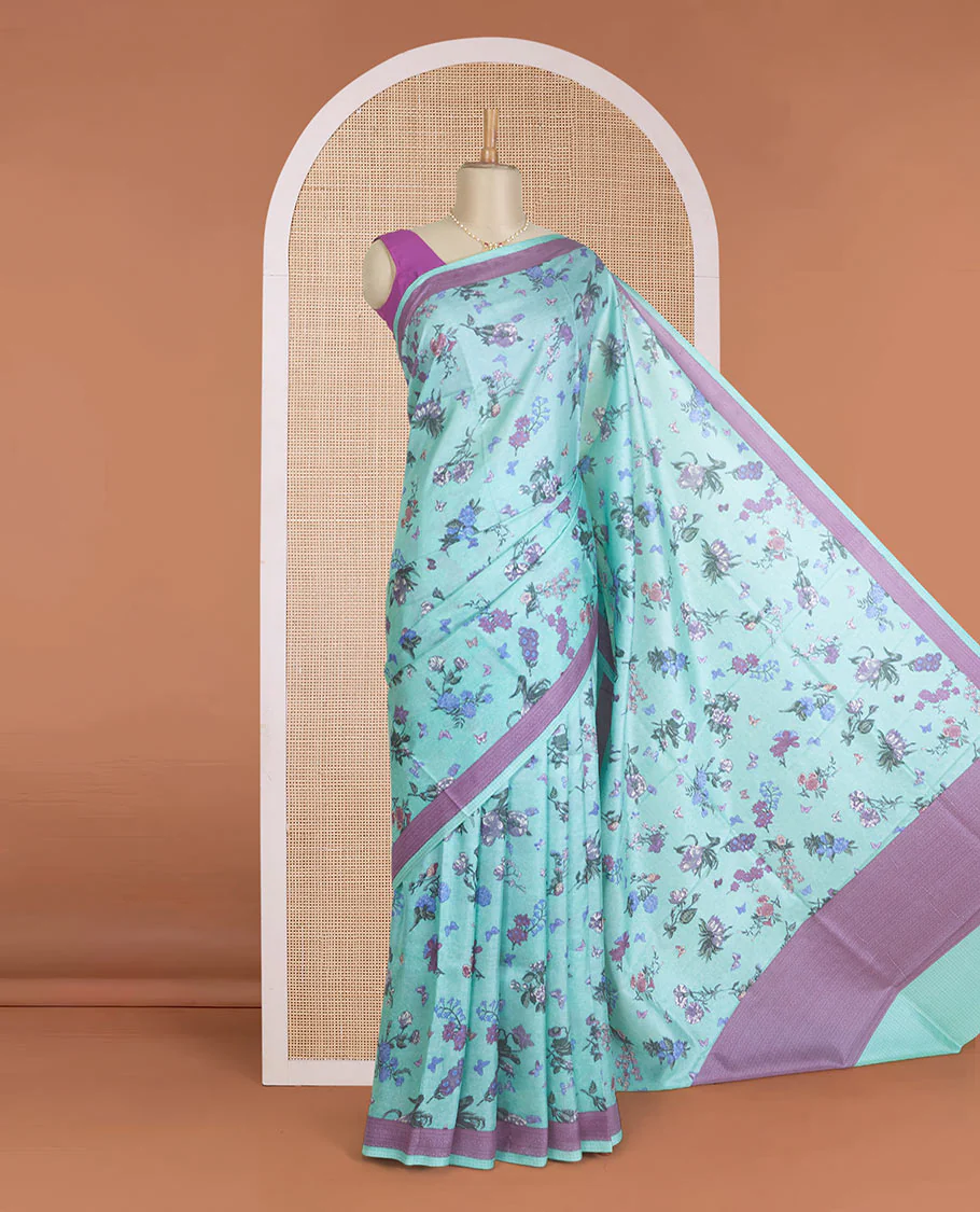Blue floral vine printed silk saree, contrast printed border, and pallu of geometric print - Image 2