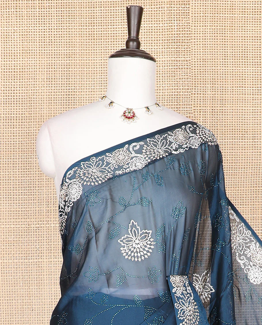 Blue floral-vine Swarovski stone embroidery designer saree, scallop Swarovski stone embroidery border - Image 2