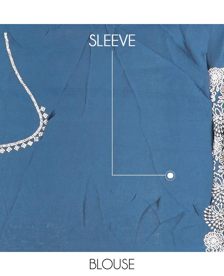 Blue floral-vine Swarovski stone embroidery designer saree, scallop Swarovski stone embroidery border - Image 3