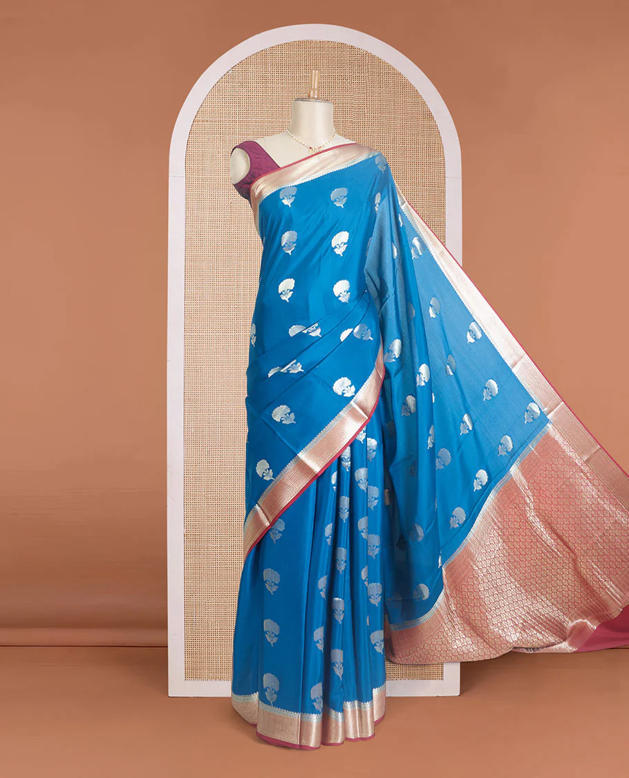 Blue floral zari buttas Mysore silk saree, contrast maroon traditional zari border, and pallu of jaal pattern - Image 2