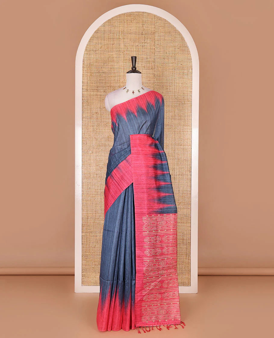 Blue full plain katan silk saree, contrast temple border, odisha style printed pallu, and contrast plain blouse - Image 2