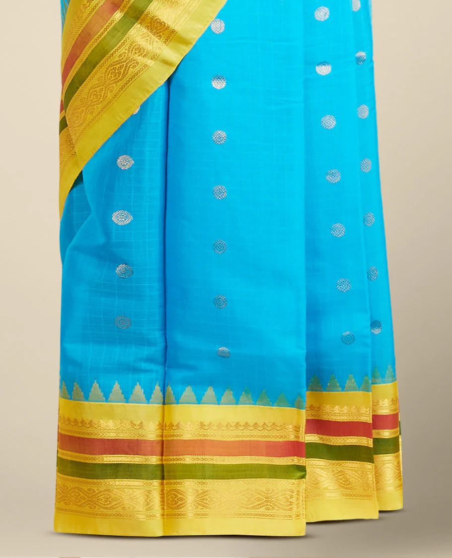 Blue gadwal cotton saree with zari buttas on its body & pallu, contrast vidarbha traditional zari design border - Image 3