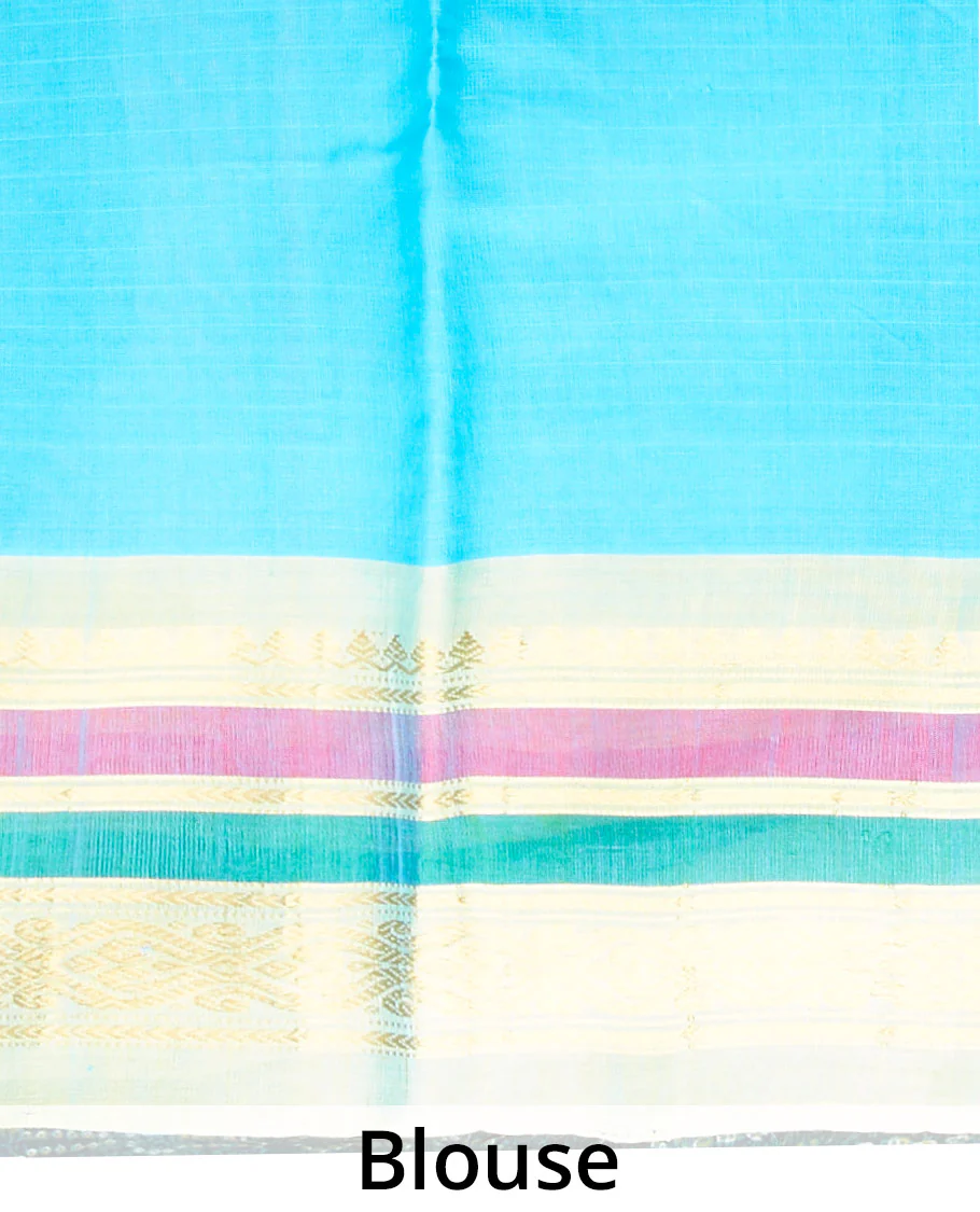 Blue gadwal cotton saree with zari buttas on its body & pallu, contrast vidarbha traditional zari design border - Image 4