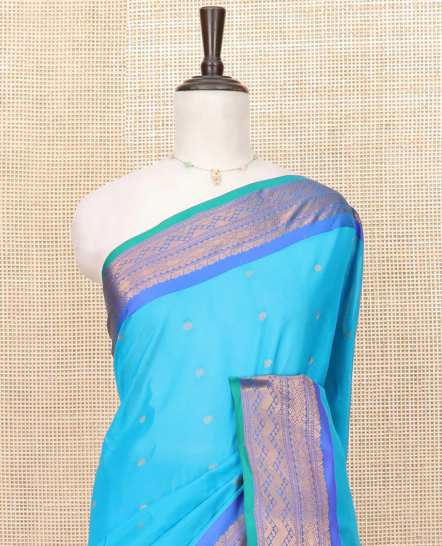 Blue Gadwal Saree Embellished with Zari Buttas, Featuring a Contrast Traditional Motifs Woven Border, Jaal Design Pallu, Along with a Complementing Contrast Zari Bordered Blouse - Image 2