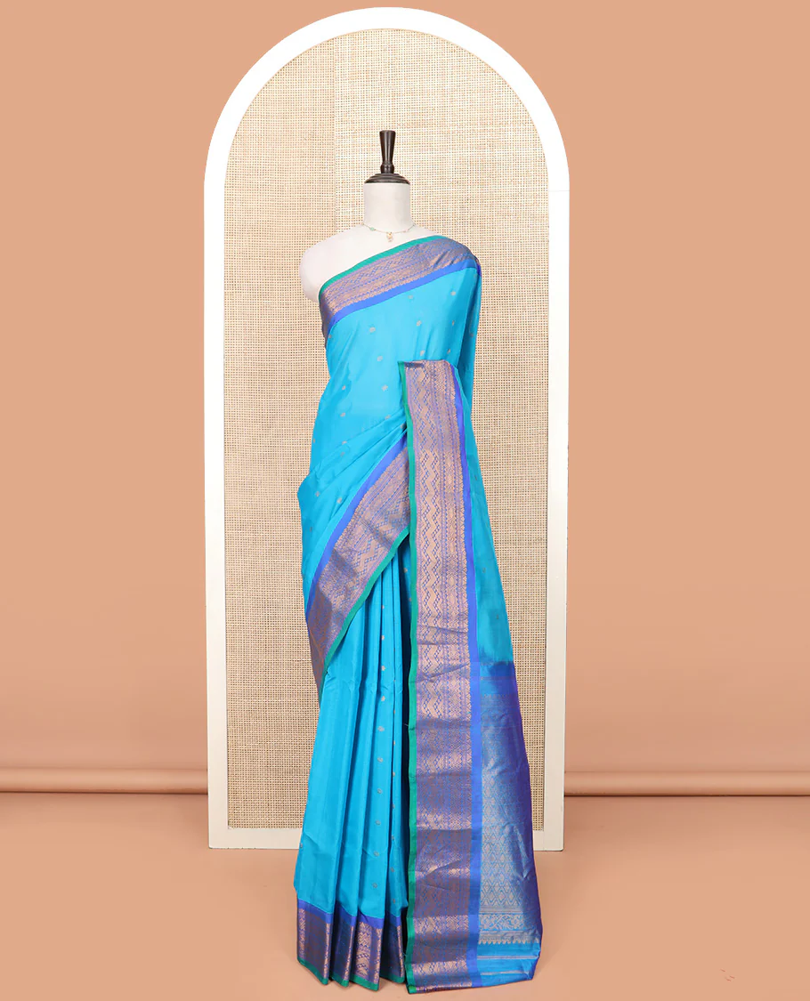 Blue Gadwal Saree Embellished with Zari Buttas, Featuring a Contrast Traditional Motifs Woven Border, Jaal Design Pallu, Along with a Complementing Contrast Zari Bordered Blouse - Image 3