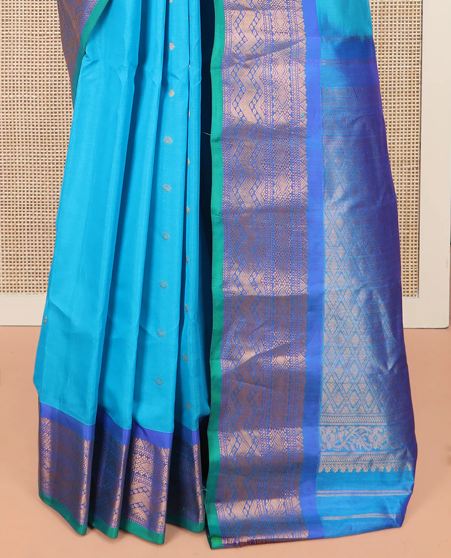 Blue Gadwal Saree Embellished with Zari Buttas, Featuring a Contrast Traditional Motifs Woven Border, Jaal Design Pallu, Along with a Complementing Contrast Zari Bordered Blouse - Image 4