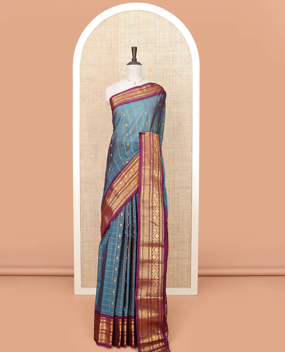 Blue Gadwal Saree Features Zari Butta Enclosed Checks, Contrasting Border Steeped with Traditional Zari Designs, Pallu of Intricate Design, and a Contrast Blouse Ornamented with Zari Designs - Image 3