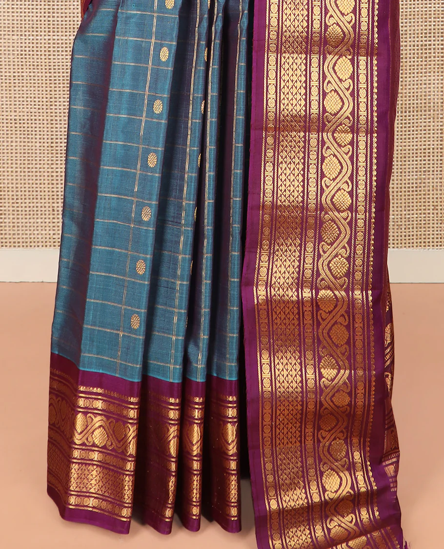 Blue Gadwal Saree Features Zari Butta Enclosed Checks, Contrasting Border Steeped with Traditional Zari Designs, Pallu of Intricate Design, and a Contrast Blouse Ornamented with Zari Designs - Image 4