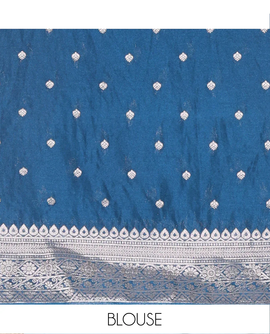 Blue geometric and intricate designs zari woven fancy crepe saree, traditional zari border, floral-star gridded pallu, and a matching blouse - Image 4