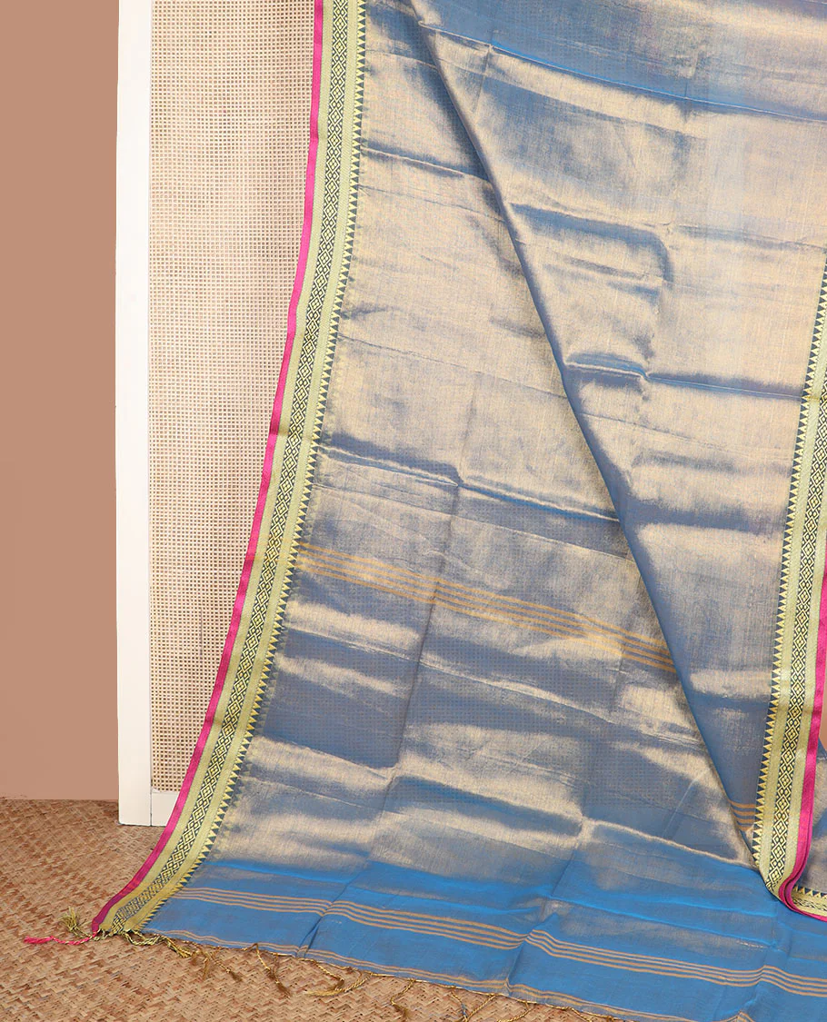 Blue gleaming plain saree, contrast traditional motifs thread woven border, and striped pallu - Image 2