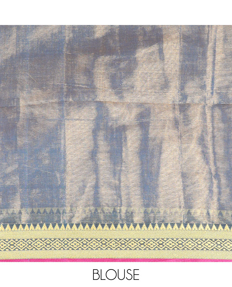 Blue gleaming plain saree, contrast traditional motifs thread woven border, and striped pallu - Image 3