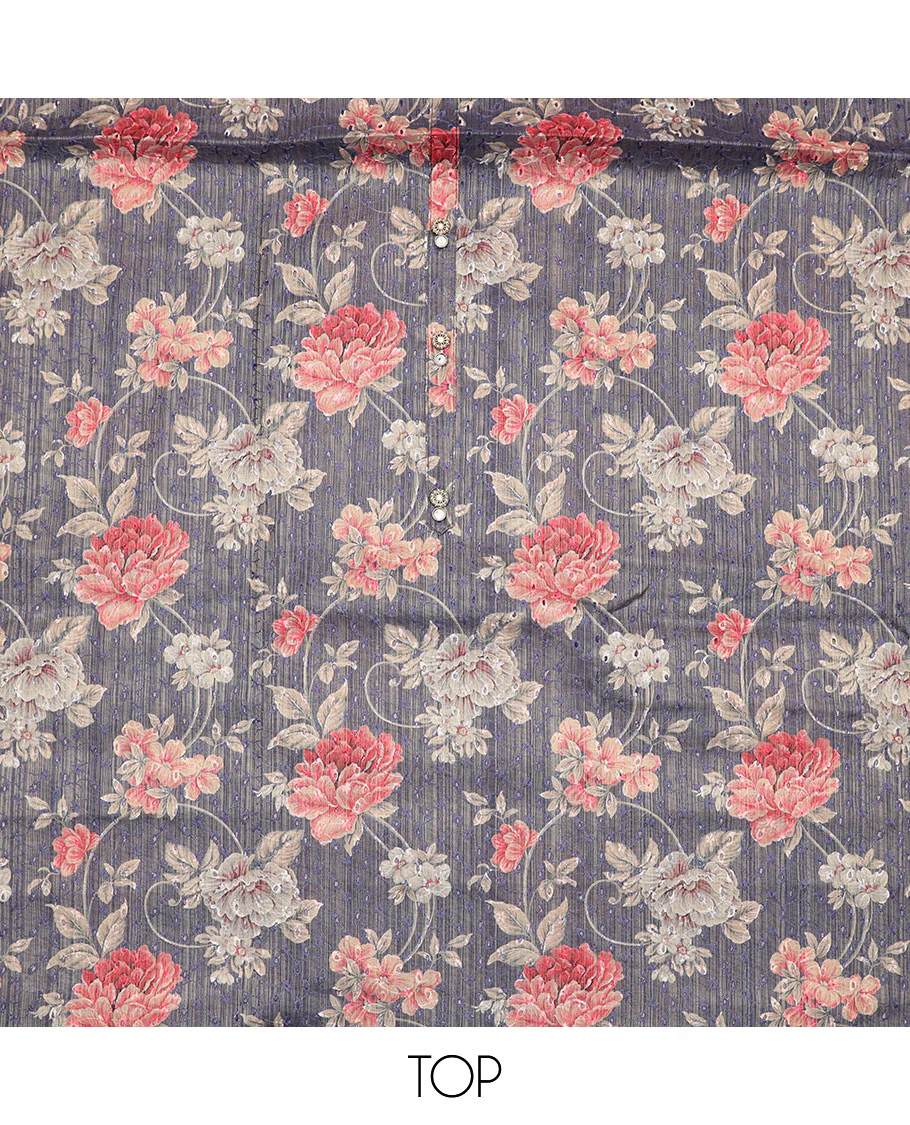 Blue-grey material chudidar set, rose print with thread embroidered top, contrast bottom and sequins striped dupatta - Image 2
