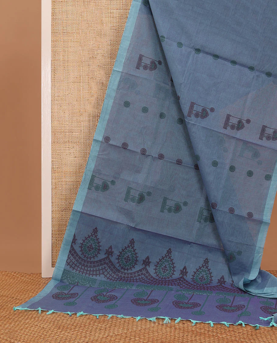 Blue-grey unique buttas Coimbatore cotton saree, plain border & uniquely designed pallu