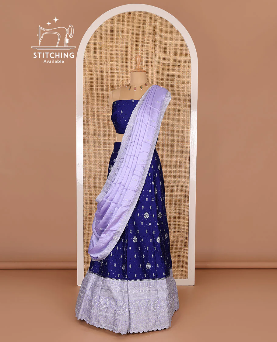 Blue half-saree, floral motifs embroidered semi-raw silk top, matching embroidered blouse, and contrast scallop embroidered georgette dhavani - Image 3