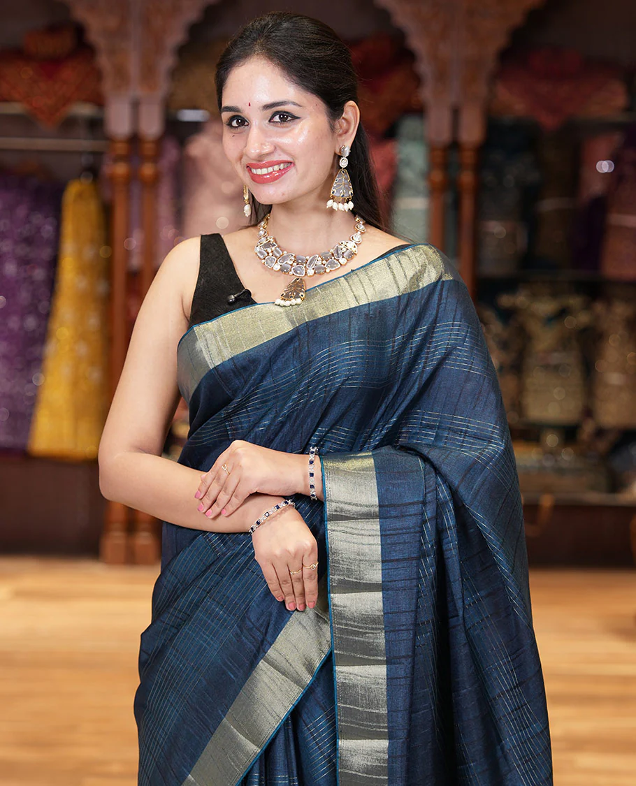 Blue horizontal striped fancy tussar silk saree, bavanji border, self-pallu, and a matching striped blouse - Image 2