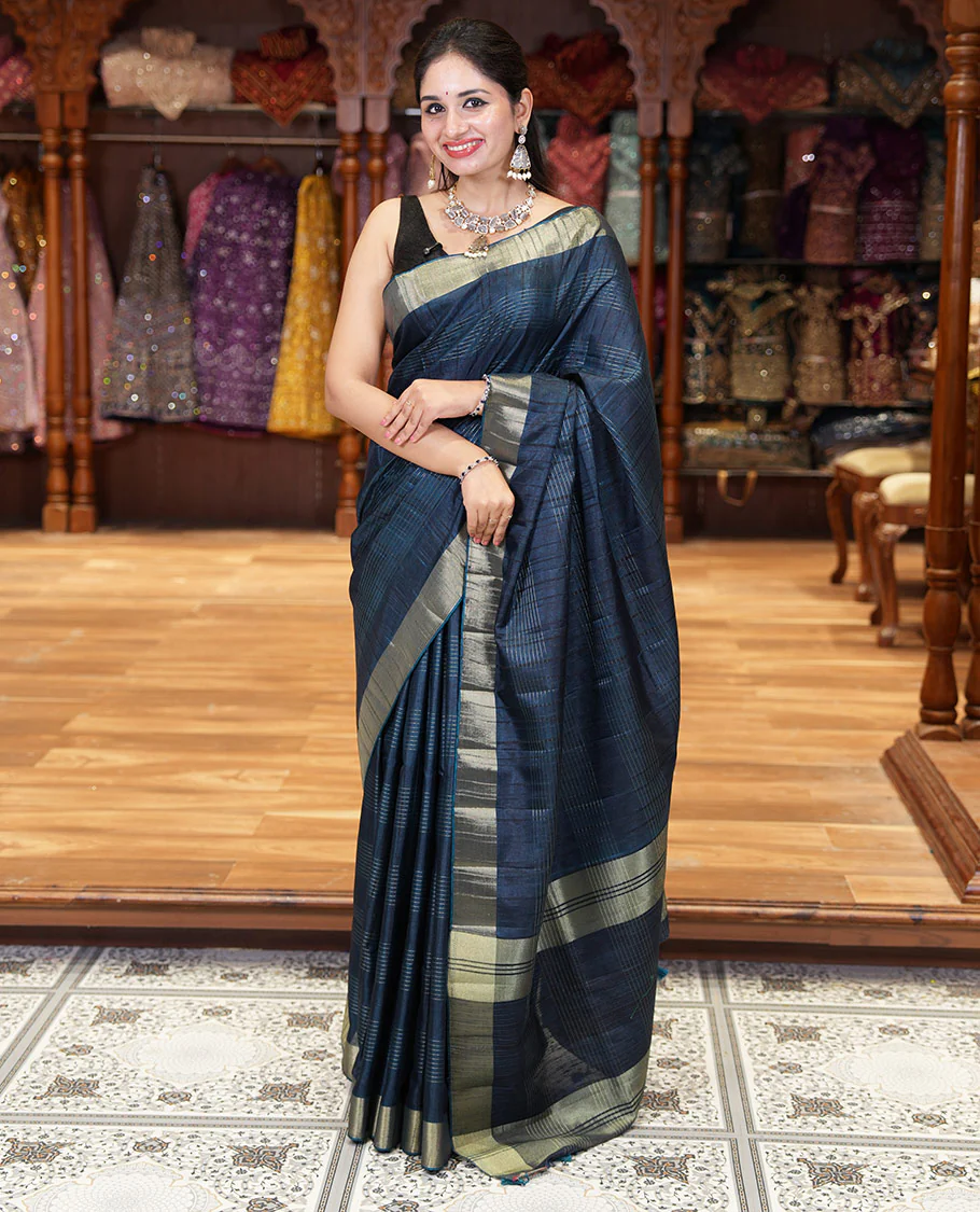 Blue horizontal striped fancy tussar silk saree, bavanji border, self-pallu, and a matching striped blouse - Image 3