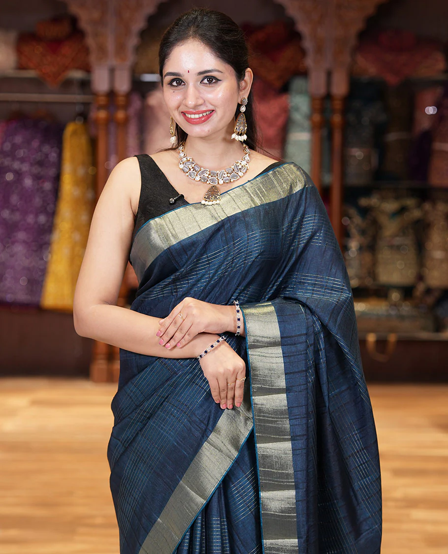 Blue horizontal striped fancy tussar silk saree, bavanji border, self-pallu, and a matching striped blouse - Image 4