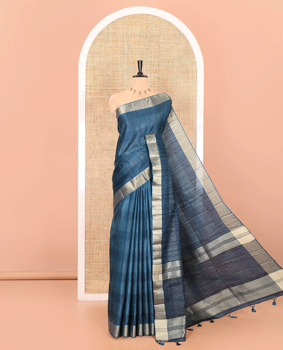 Blue horizontal striped fancy tussar silk saree, bavanji border, self-pallu, and a matching striped blouse - Image 5