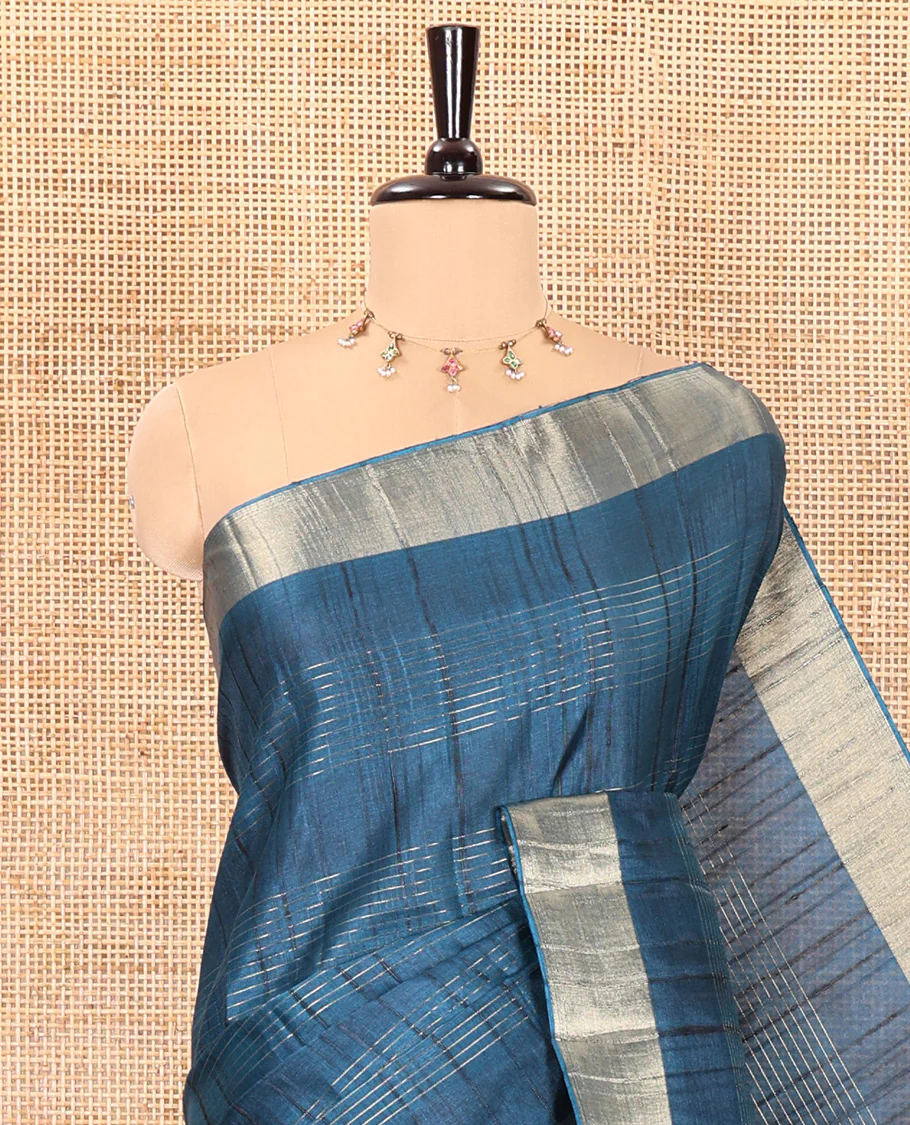 Blue horizontal striped fancy tussar silk saree, bavanji border, self-pallu, and a matching striped blouse - Image 6