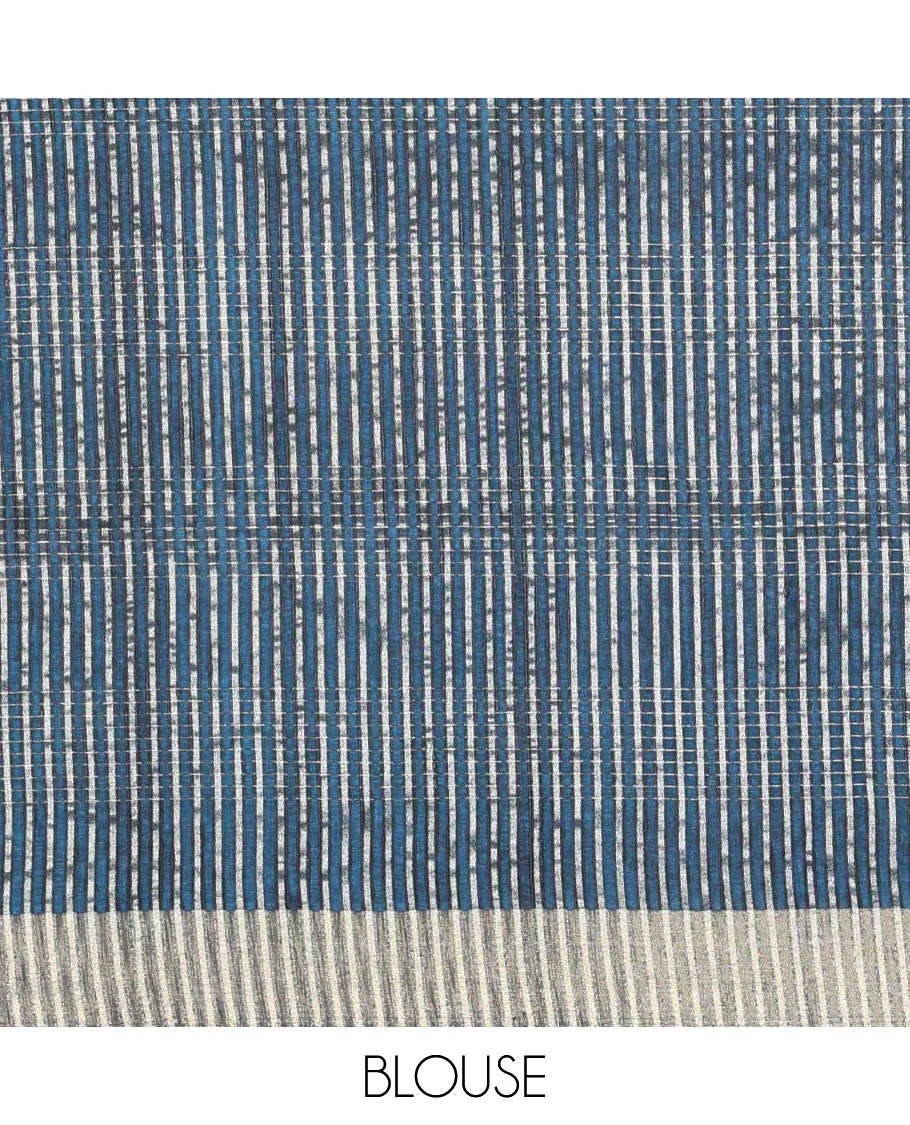Blue horizontal striped fancy tussar silk saree, bavanji border, self-pallu, and a matching striped blouse - Image 7
