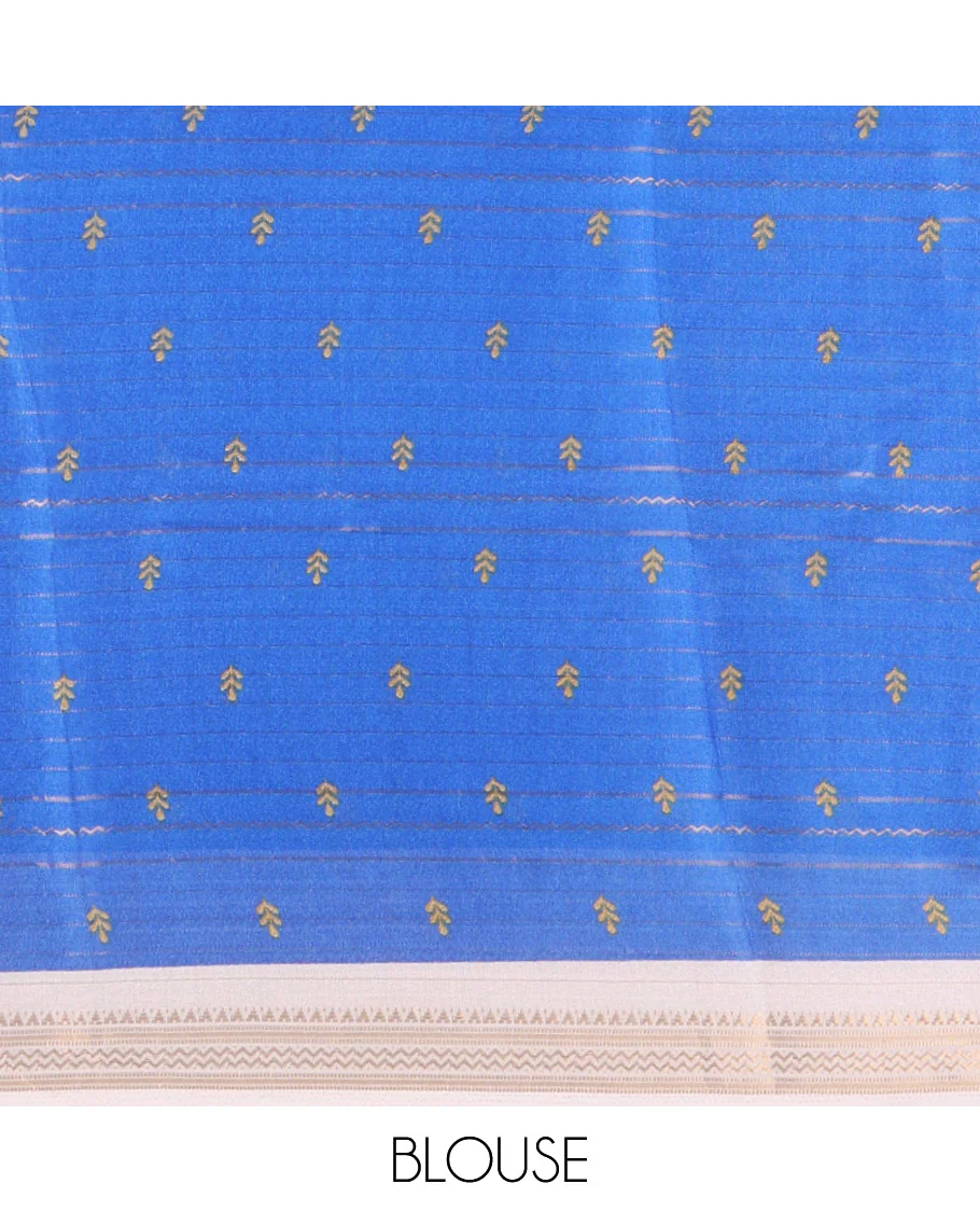 Blue horizontal striped moss chiffon saree, contrast traditional zari border, geometric patterns printed pallu, and a printed blouse - Image 3
