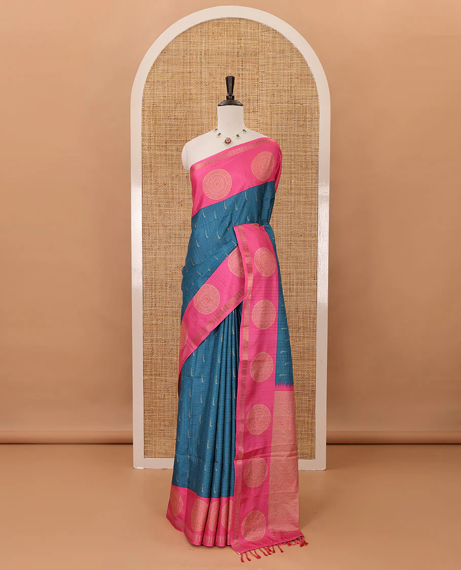 Blue horizontal stripes & muniya buttas katan silk saree, contrast chakram butta border, weaving-style print pallu & contrast print blouse - Image 2