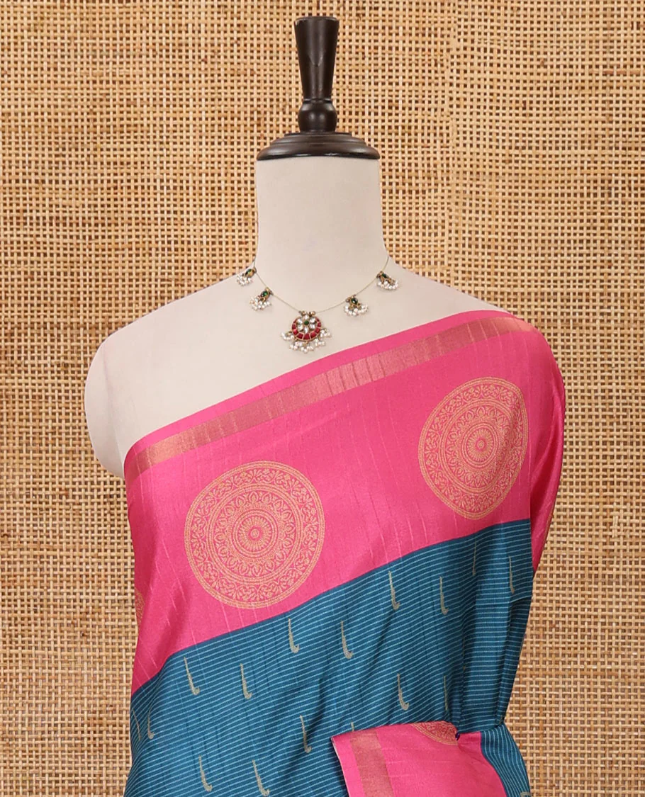 Blue horizontal stripes & muniya buttas katan silk saree, contrast chakram butta border, weaving-style print pallu & contrast print blouse - Image 3