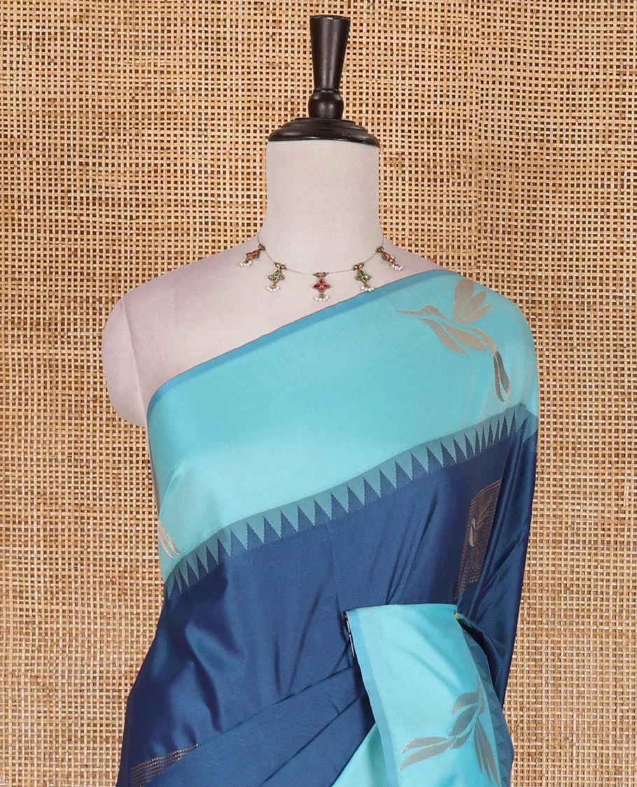 Blue hummingbird zari buttas Mulberry silk saree, contrast hummingbird motifs temple border, intricate pallu, and contrast zari design blouse - Image 3