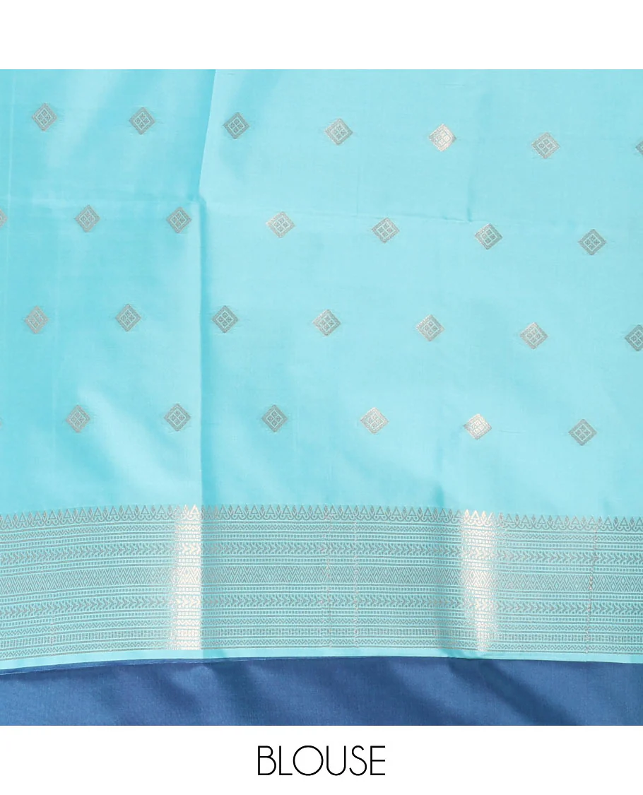 Blue hummingbird zari buttas Mulberry silk saree, contrast hummingbird motifs temple border, intricate pallu, and contrast zari design blouse - Image 4