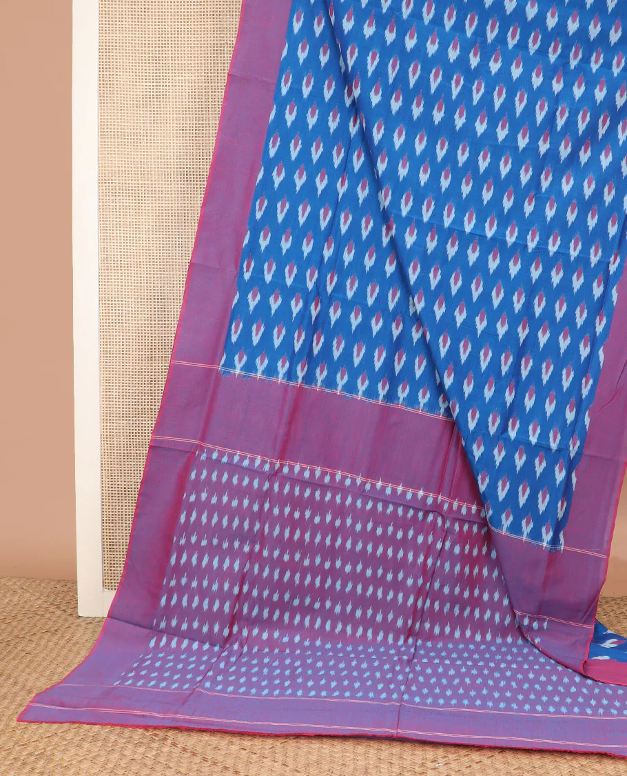 Blue Ikkat Cotton Saree Accentuated with Buttas in Ikkat Weave, Complemented by a Contrast Plain Border, and Pallu Bedecked with Chevron Stripes - Image 2