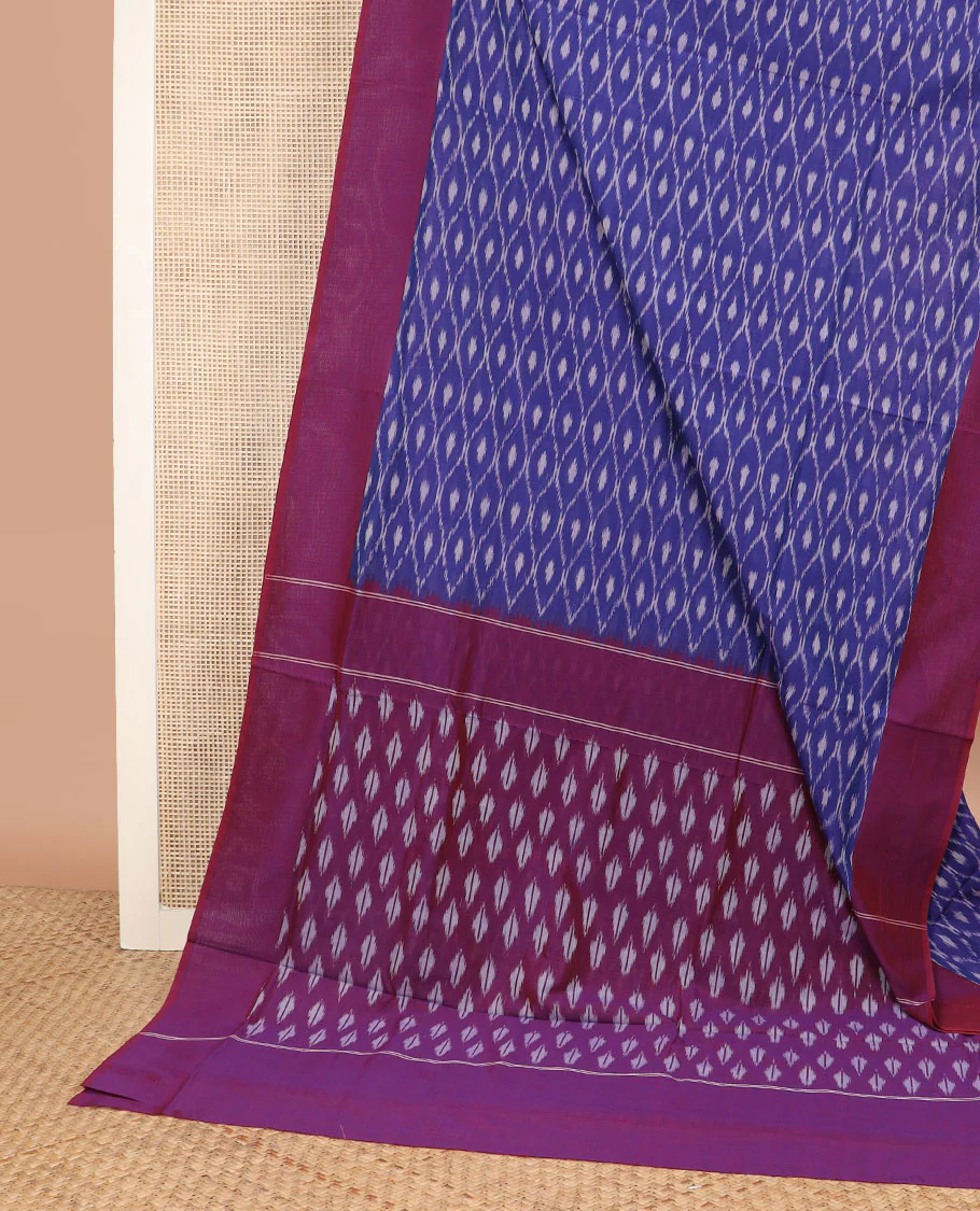 Blue Ikkat Cotton Saree Bedecked with Ogee Patterns in Ikkat Weave, Complemented by a Contrast Plain Border, and Pallu Steeped with Ikkat Buttas - Image 2