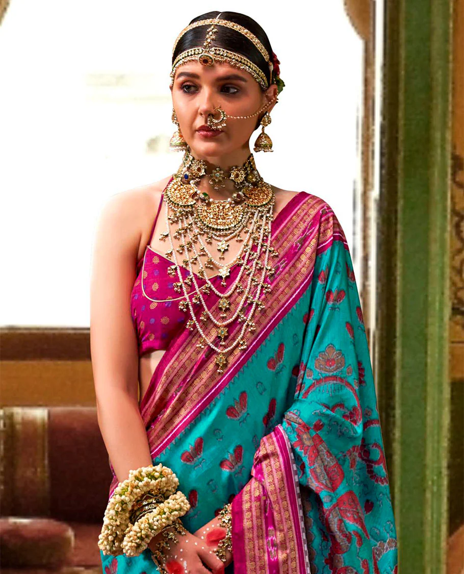 Blue ikkat floral buttas woven designer catalog saree, contrast ikkat rudraksha border, and pallu of ikkat weave - Image 2