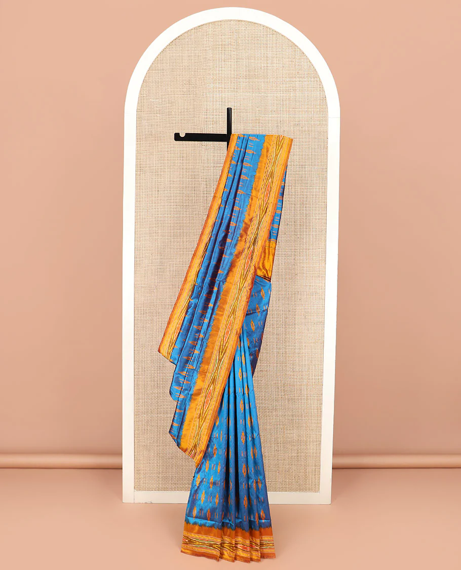 Blue Ikkat Silk Saree Enlivened with Ikkat Buttas, Featuring a Contrast Ikkat-Textured Border and a Pallu Steeped in Ikkat Textures and Stripes - Image 2