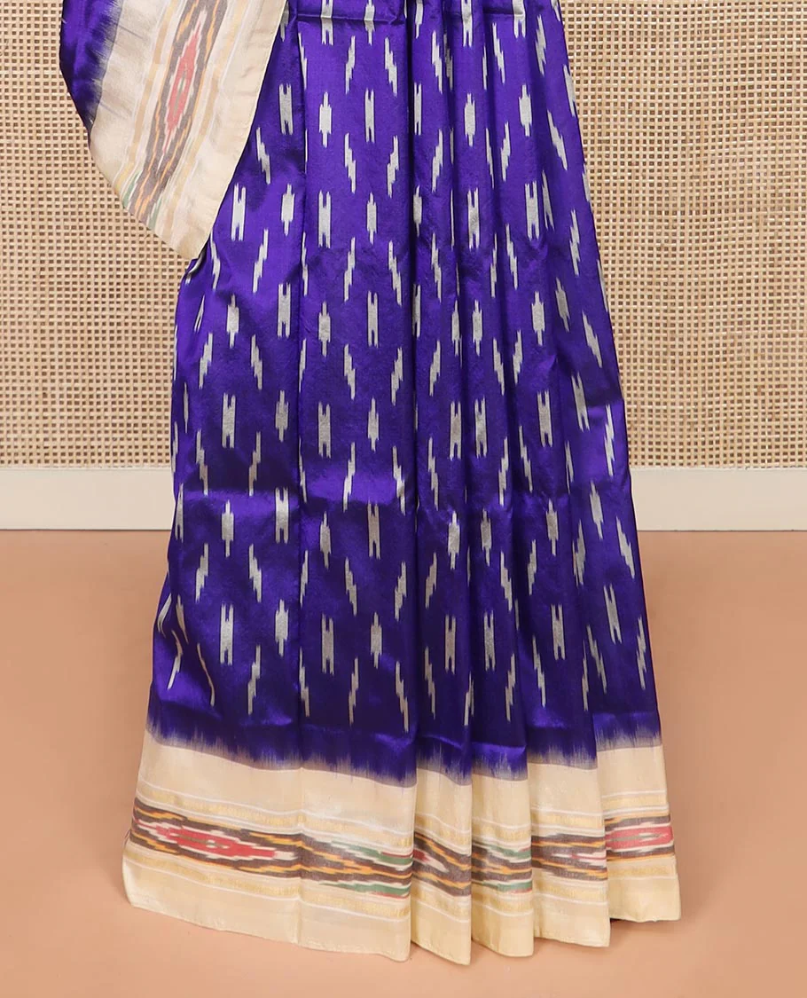 Blue Ikkat Silk Saree with Buttas Across the Body, Highlighted by a Contrast Ikkat-Textured Border, and Pallu Features Stripes and Ikkat Texture - Image 4
