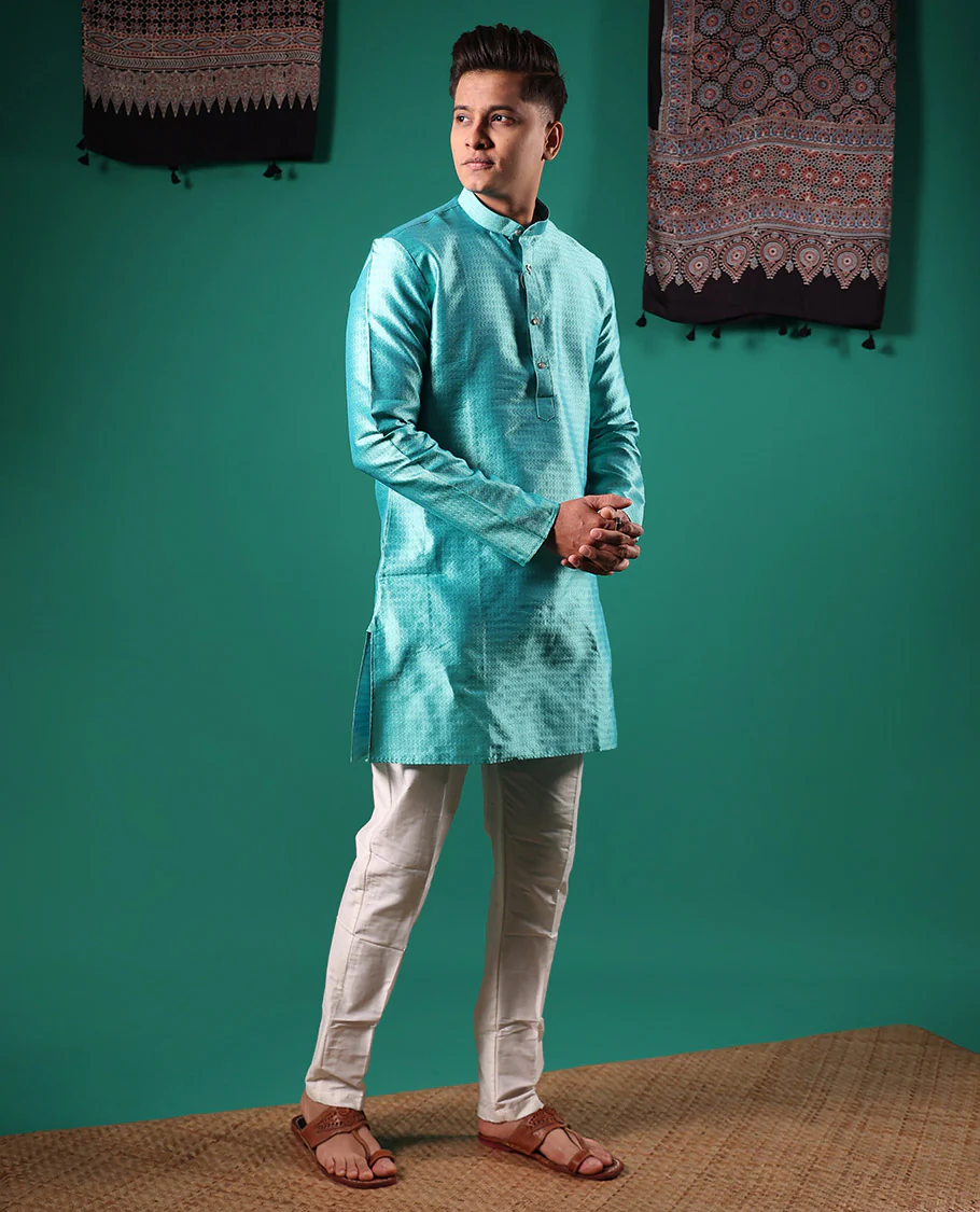 Blue intricate patterns embossed full-sleeved men's kurta - Image 3