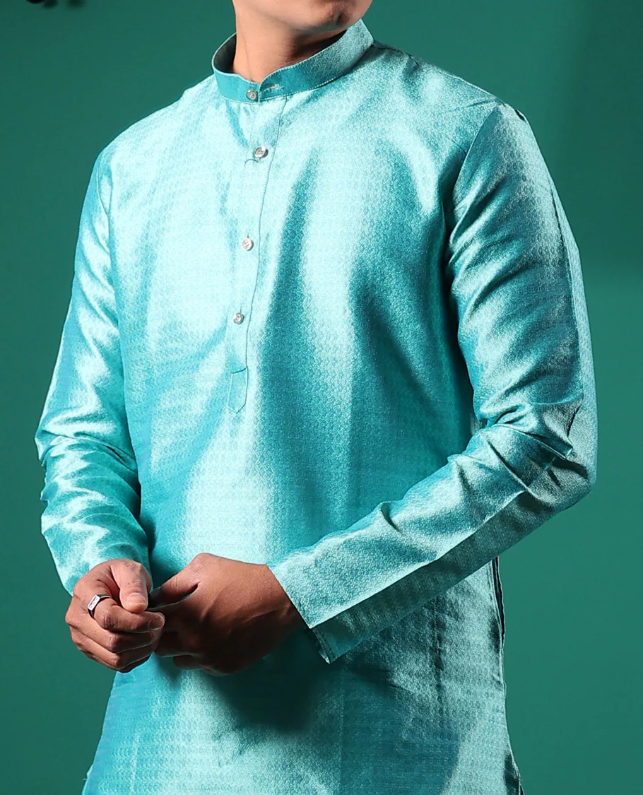 Blue intricate patterns embossed full-sleeved men's kurta - Image 4