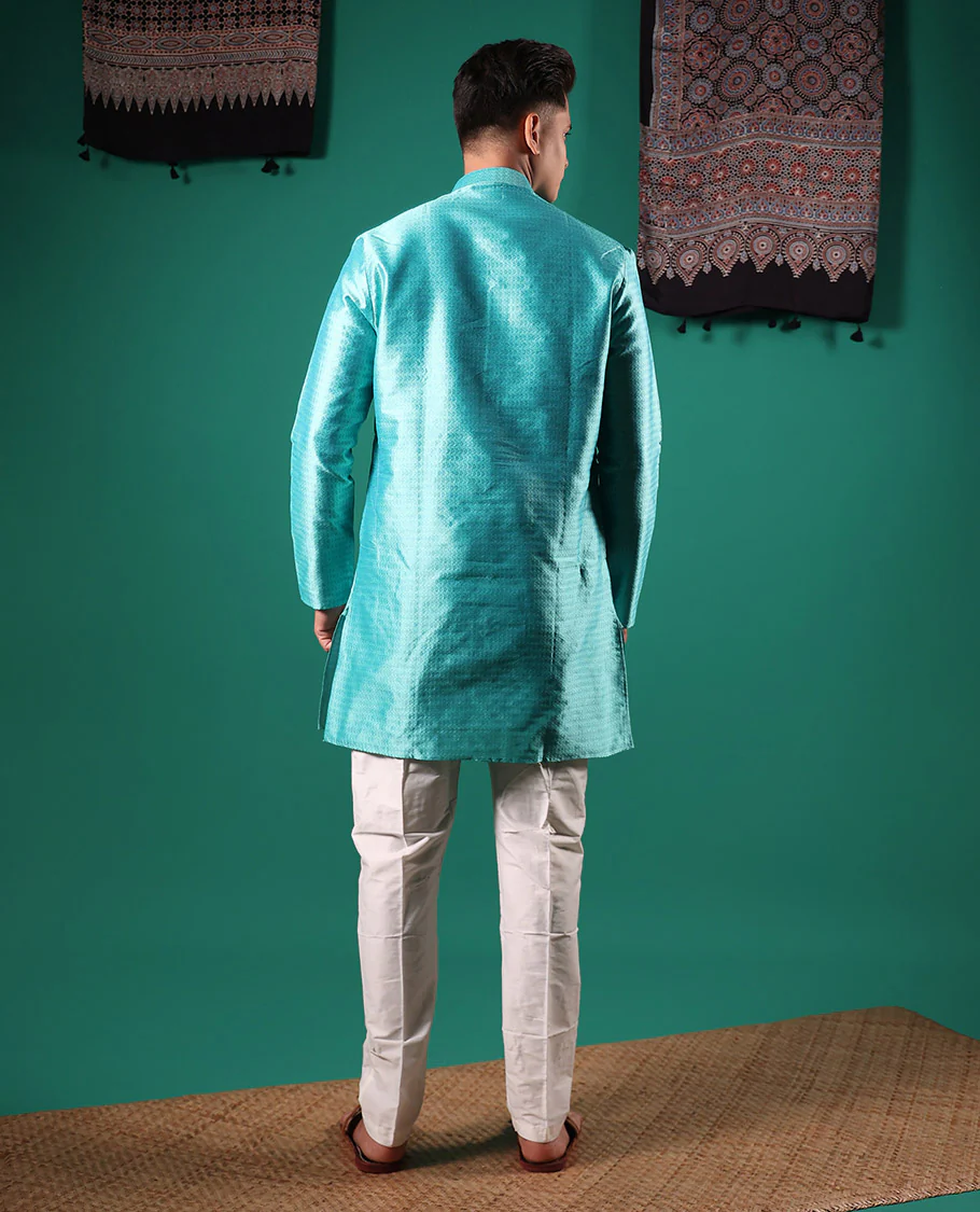 Blue intricate patterns embossed full-sleeved men's kurta - Image 5