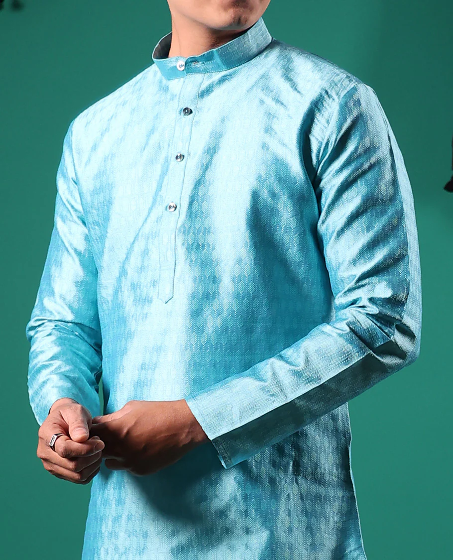 Blue intricate patterns embossed full-sleeved men's kurta - Image 4