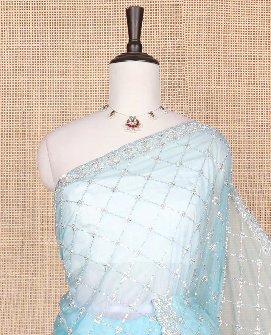 Blue jaal design kardana & sequins embroidered designer saree, scallop kardana & sequins embroidered border - Image 2