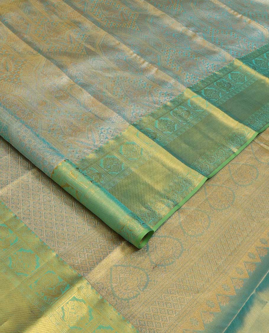 Blue jacquard Kanchipuram silk saree, contrast border of thilakam mokku, mayil, diamond, kodi visiry, and zari stripes, and zari-rich jaal pallu - Image 2