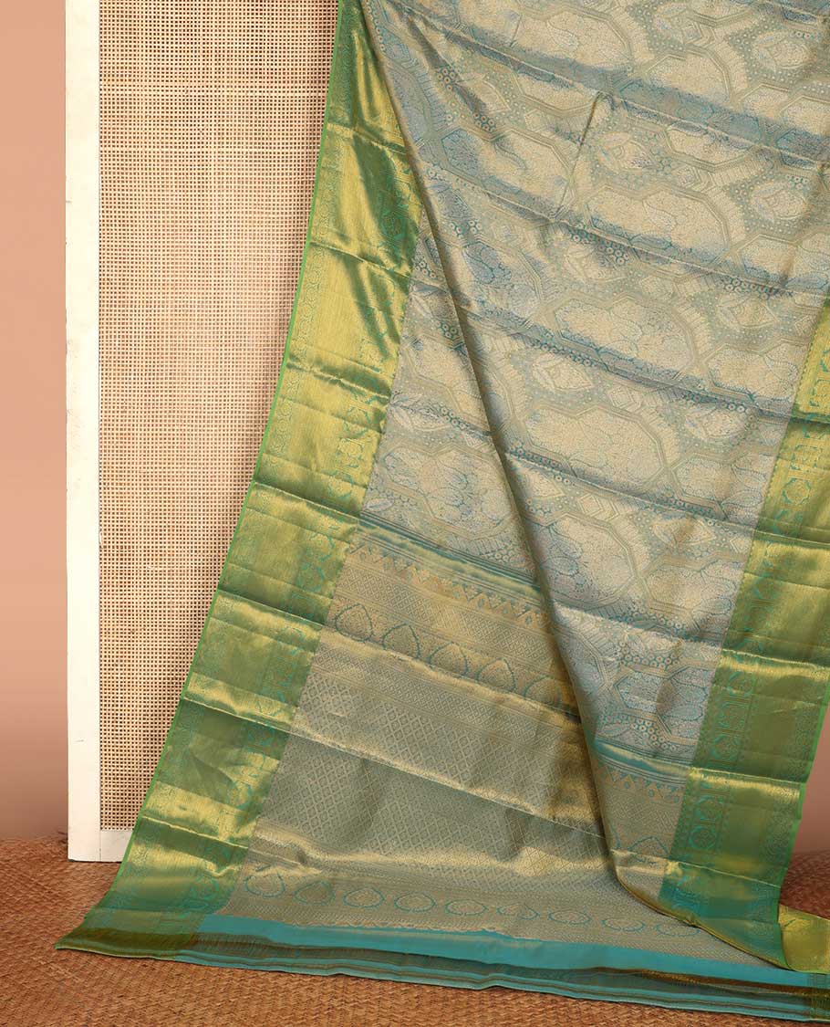 Blue jacquard Kanchipuram silk saree, contrast border of thilakam mokku, mayil, diamond, kodi visiry, and zari stripes, and zari-rich jaal pallu - Image 3