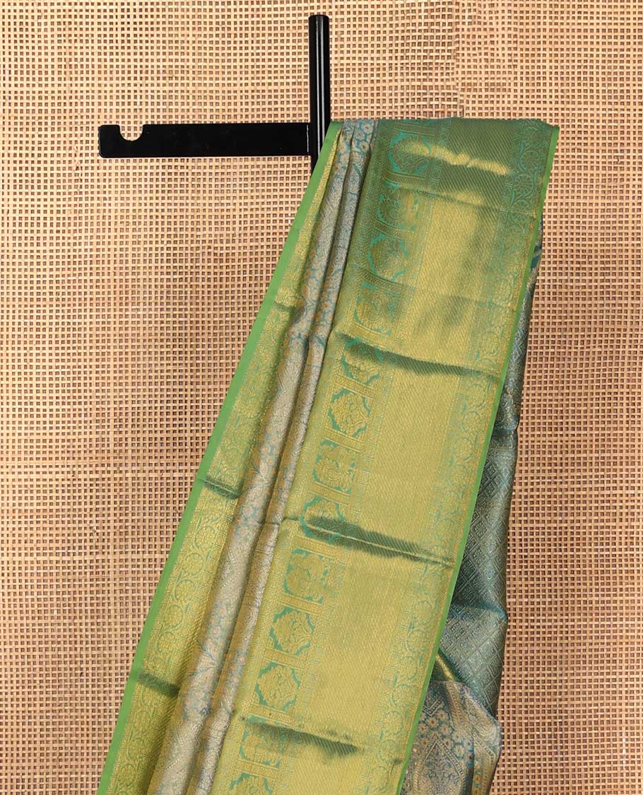 Blue jacquard Kanchipuram silk saree, contrast border of thilakam mokku, mayil, diamond, kodi visiry, and zari stripes, and zari-rich jaal pallu - Image 4