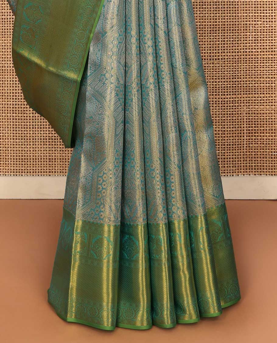 Blue jacquard Kanchipuram silk saree, contrast border of thilakam mokku, mayil, diamond, kodi visiry, and zari stripes, and zari-rich jaal pallu - Image 5