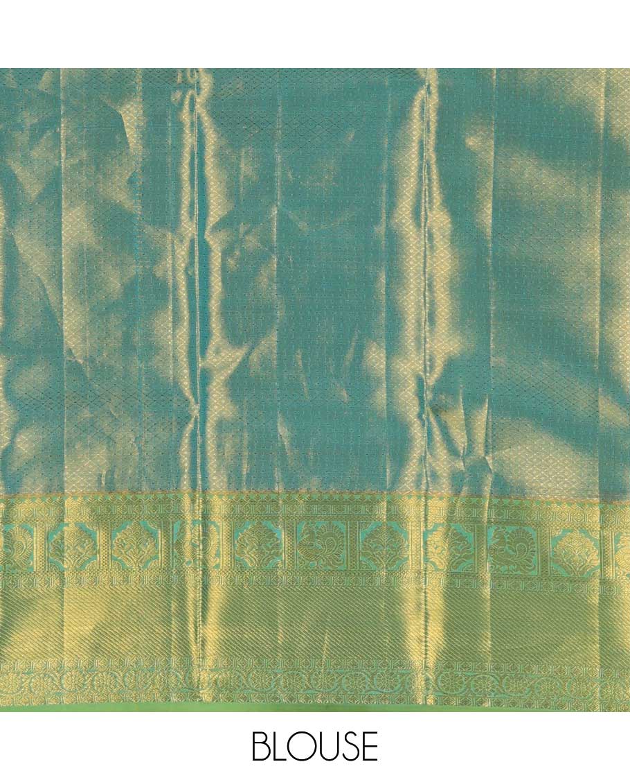 Blue jacquard Kanchipuram silk saree, contrast border of thilakam mokku, mayil, diamond, kodi visiry, and zari stripes, and zari-rich jaal pallu - Image 6