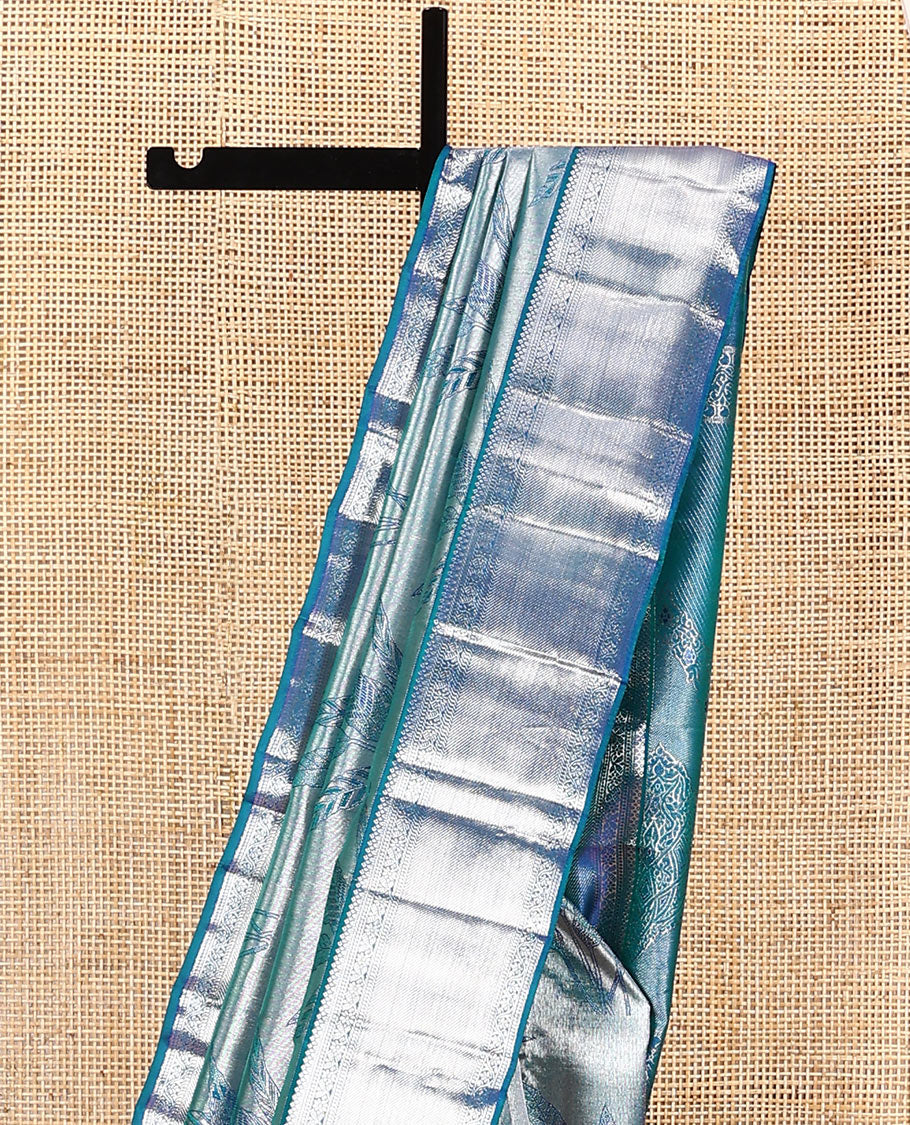 Blue jacquard kanchipuram silk saree, zari border of kodi visiry designs, and intricate pallu - Image 3