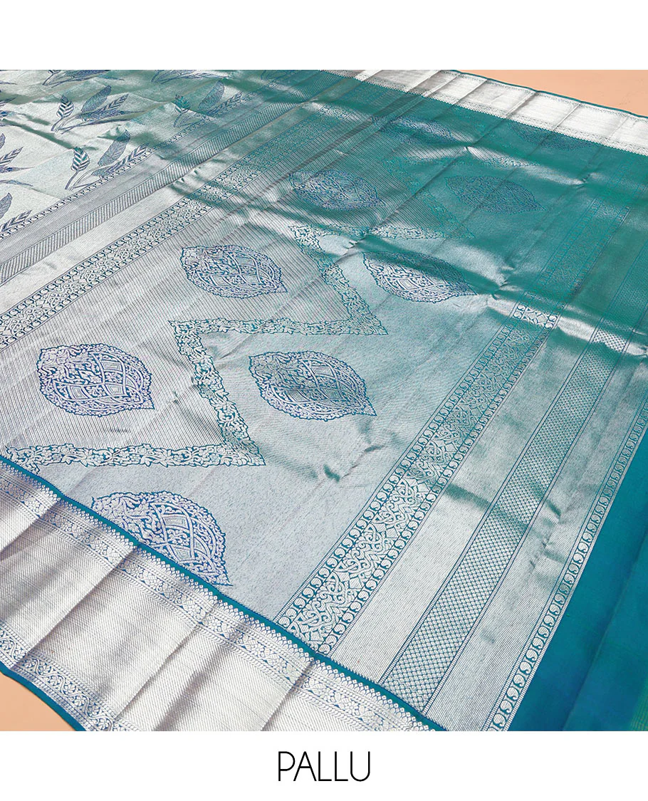 Blue jacquard kanchipuram silk saree, zari border of kodi visiry designs, and intricate pallu - Image 5