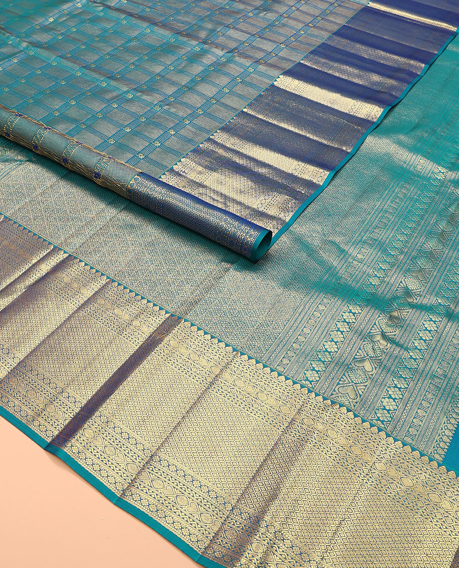 Blue jacquard kanchipuram silk saree, zari border of thilakam mokku, neli, kodi visiry, jada nagam, and jaal designs, and jaal pallu - Image 2