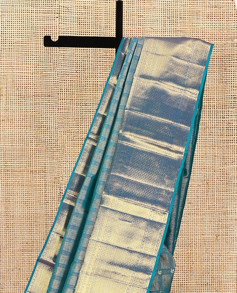 Blue jacquard kanchipuram silk saree, zari border of thilakam mokku, neli, kodi visiry, jada nagam, and jaal designs, and jaal pallu - Image 3