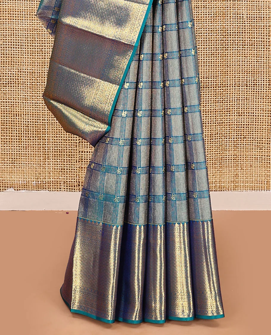 Blue jacquard kanchipuram silk saree, zari border of thilakam mokku, neli, kodi visiry, jada nagam, and jaal designs, and jaal pallu - Image 4