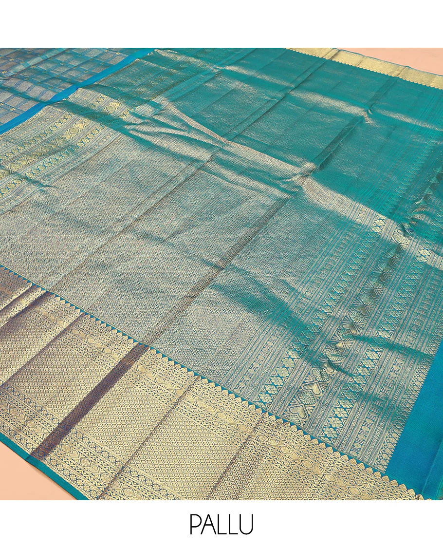 Blue jacquard kanchipuram silk saree, zari border of thilakam mokku, neli, kodi visiry, jada nagam, and jaal designs, and jaal pallu - Image 5
